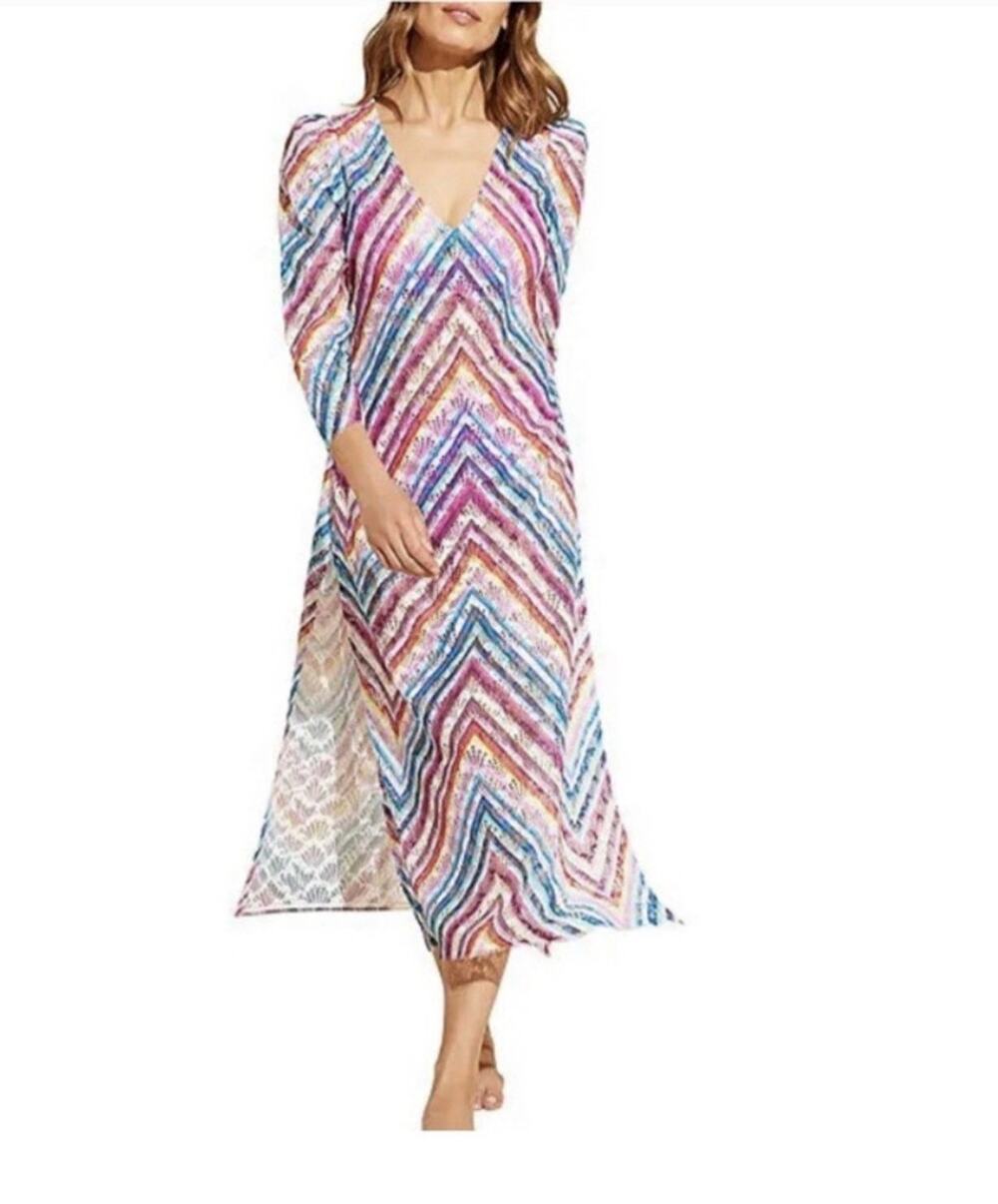 NWT STYLEST AQUALACE Rainbow Chevron Lace Puff Sleeve Belted Caftan SwimDress Am